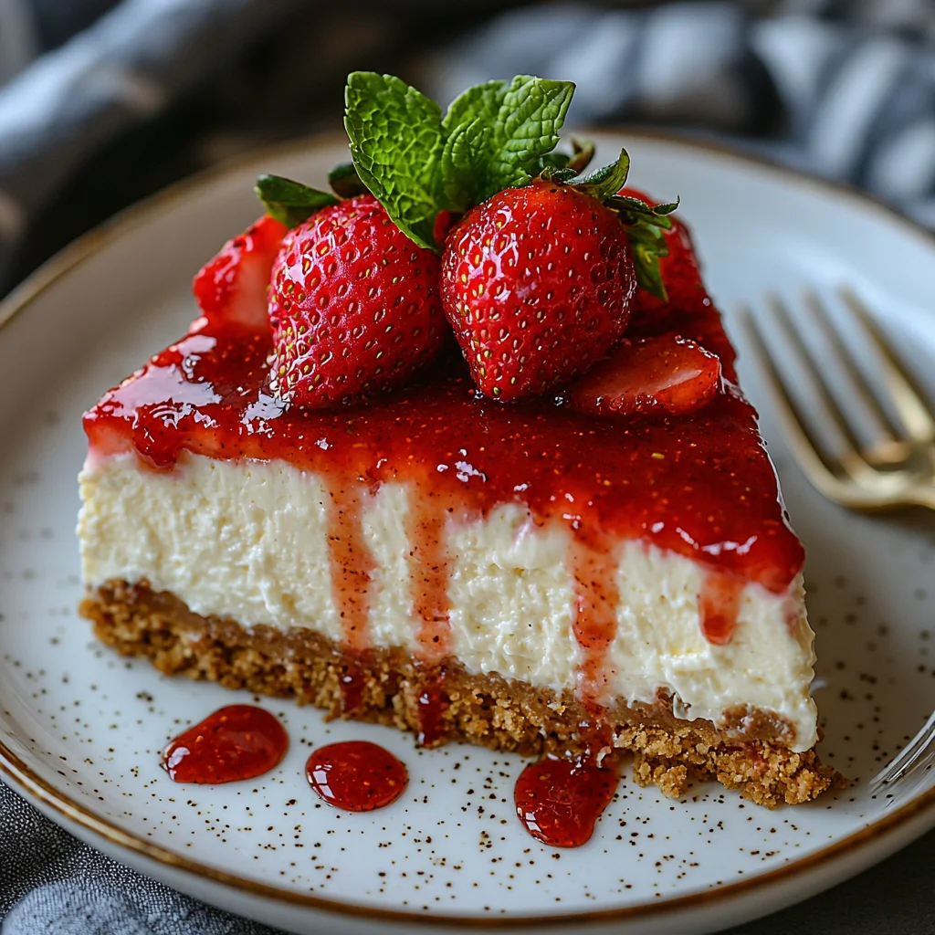 creamy strawberry protein cheesecake in a white ceramic dish with fresh strawberry slices and glossy topping