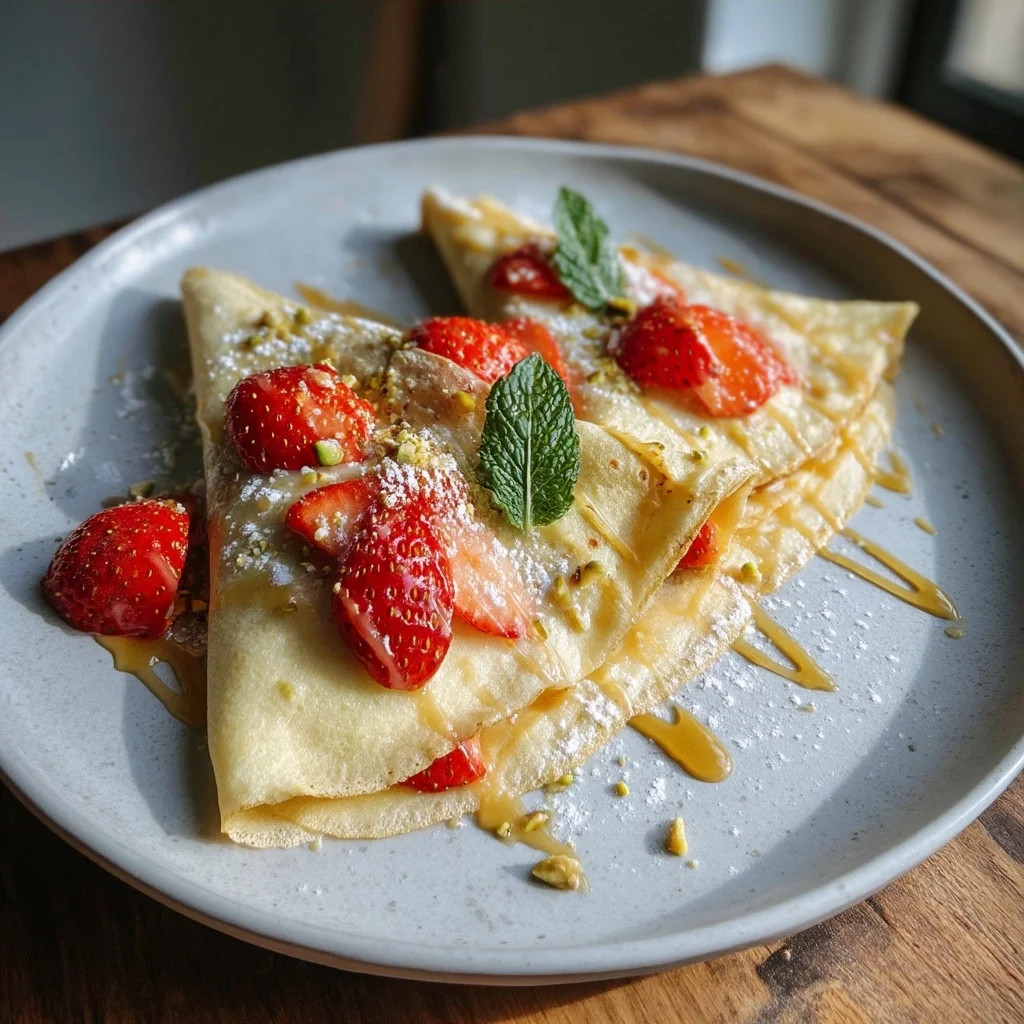 golden strawberry protein crepes drizzled with syrup and fresh berries on white plate