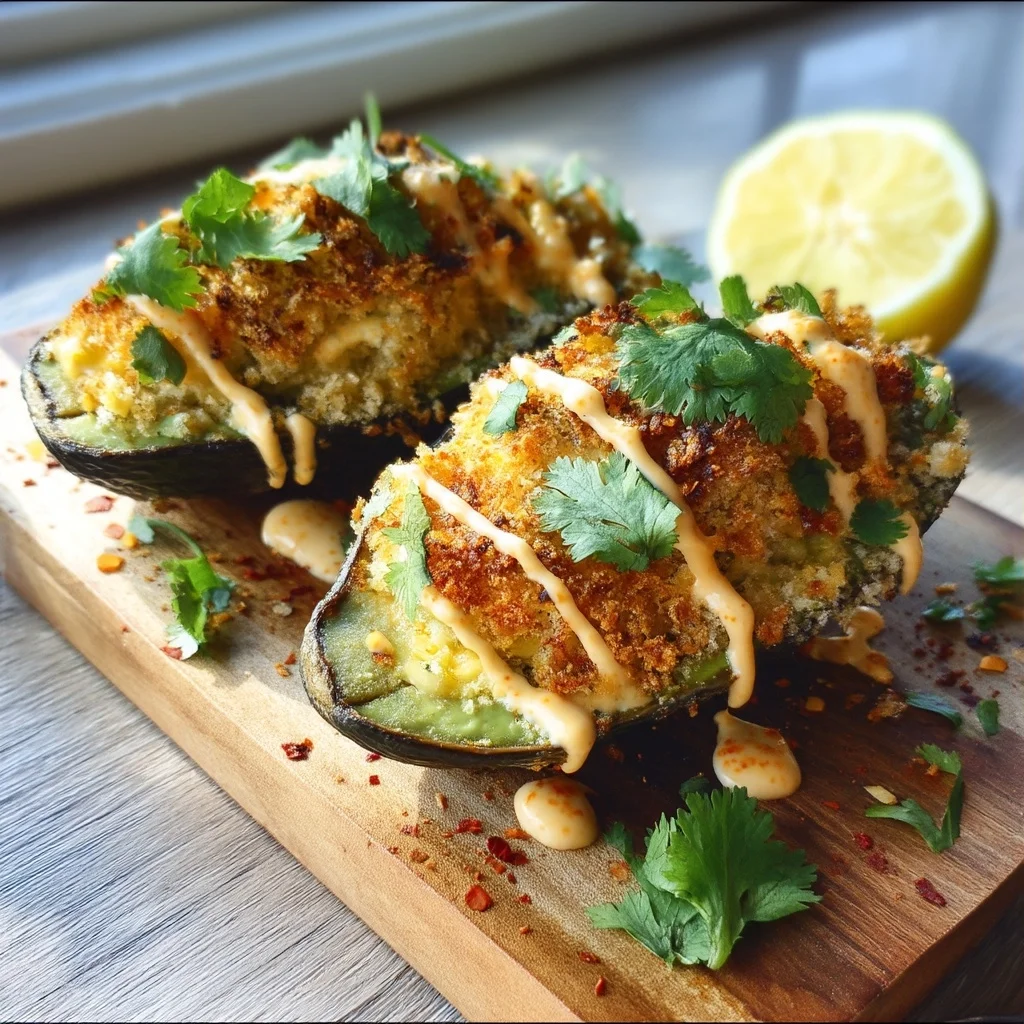 golden stuffed avocado boats filled with creamy mixture, topped with melted cheese and fresh herbs