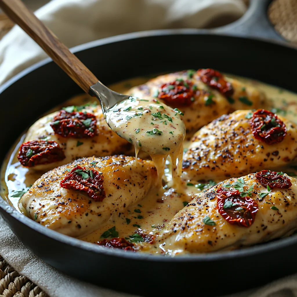 creamy sun dried tomato chicken skillet with golden edges and fresh herbs in white ceramic dish