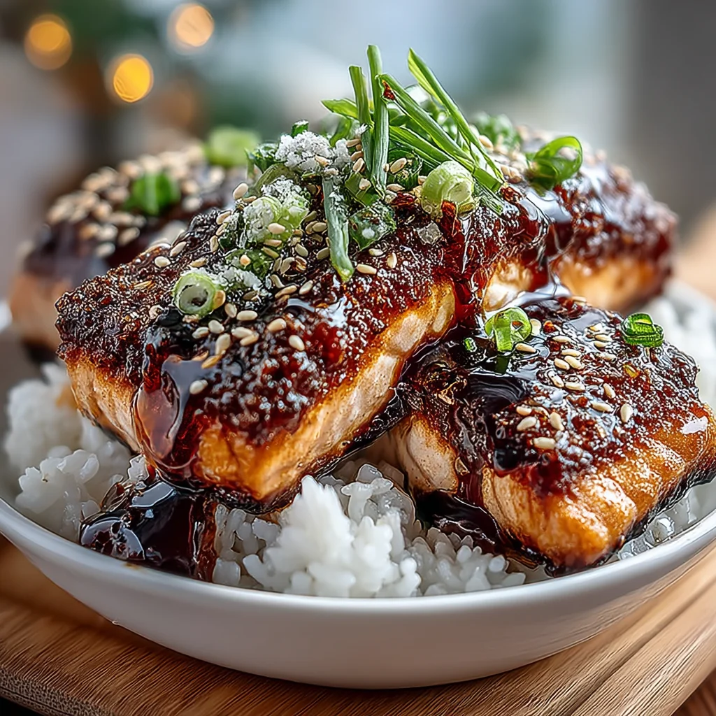 teriyaki salmon rice bowl with glossy sauce, golden edges, and fresh herbs sprinkled on top