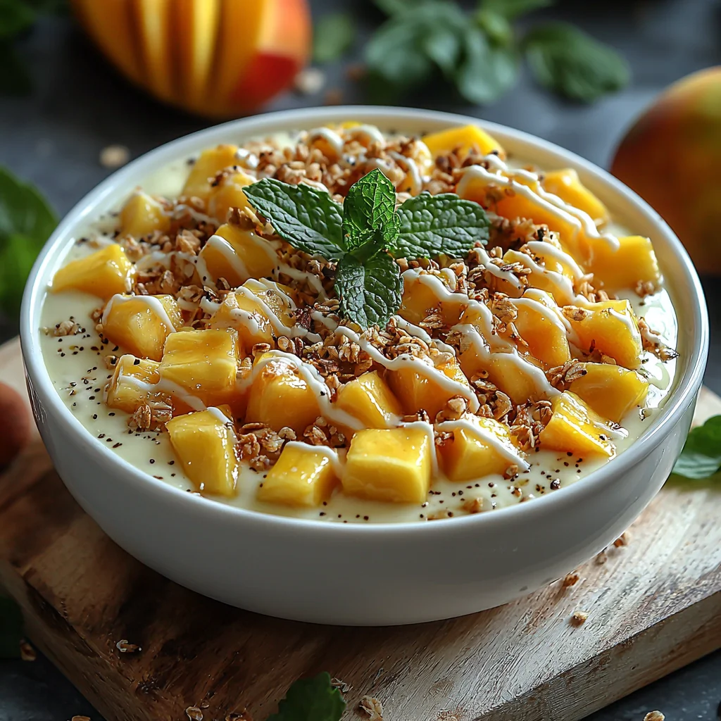 vibrant tropical Greek yogurt bowl topped with fresh mango, kiwi, and shredded coconut, served in a white ceramic bowl