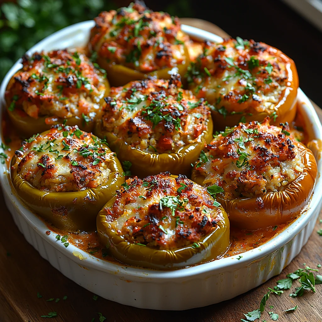 golden turkey stuffed bell peppers with melted cheese in white ceramic dish, fresh parsley garnish