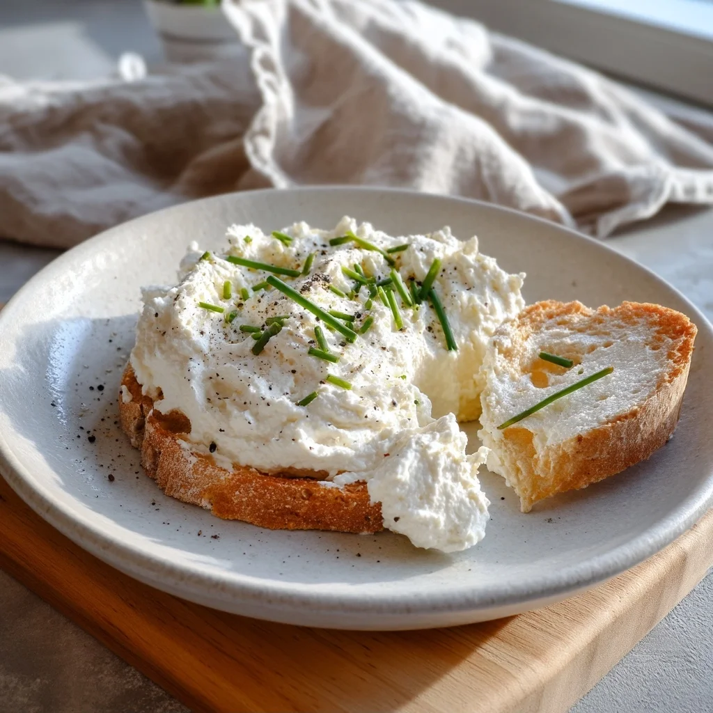creamy whipped cottage cheese dip in a white ceramic dish topped with fresh herbs and drizzled with olive oil