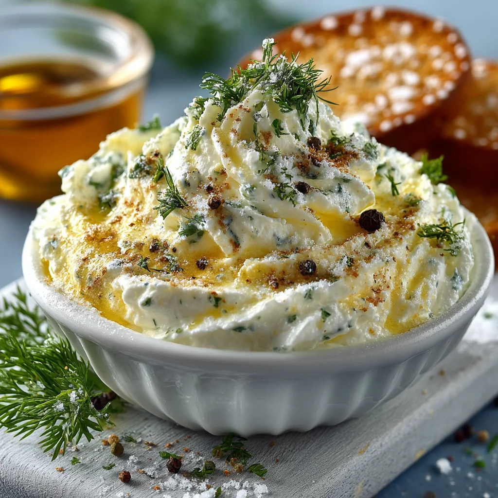 creamy whipped cottage cheese dip in a white ceramic dish, topped with fresh herbs and golden roasted edges