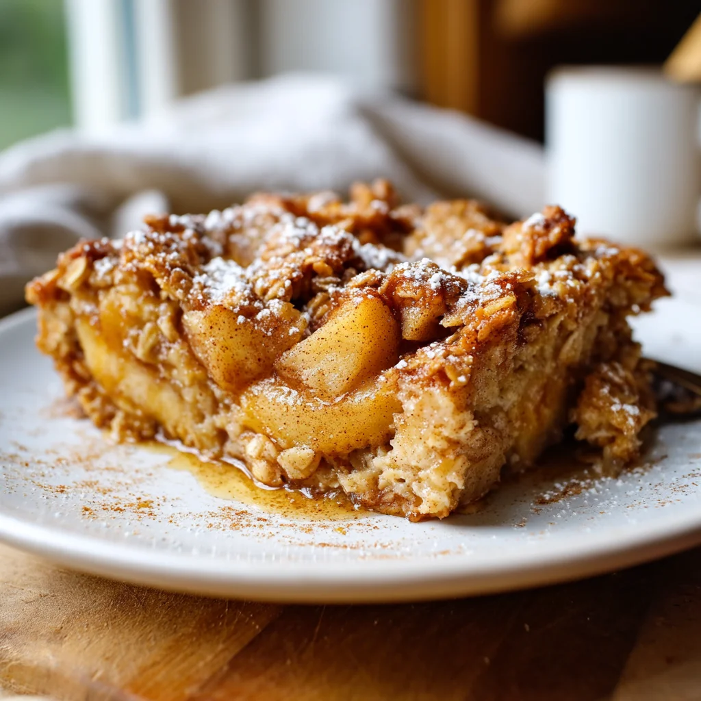 Warm apple cinnamon baked oatmeal in ceramic dish with golden edges and visible cinnamon swirls