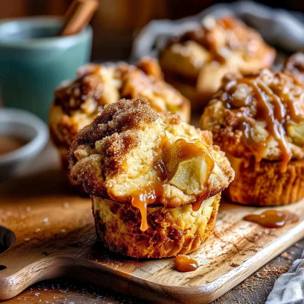 freshly baked apple cinnamon muffins with golden tops and cinnamon sugar sprinkles, served on a white plate
