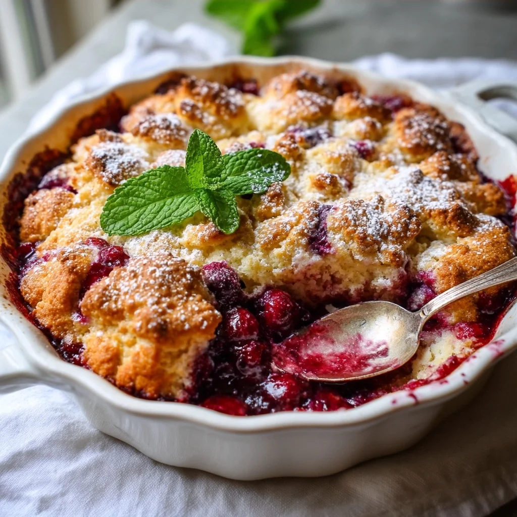 golden berry cobbler breakfast bake with bubbling berry filling and crisp biscuit topping in a white ceramic dish