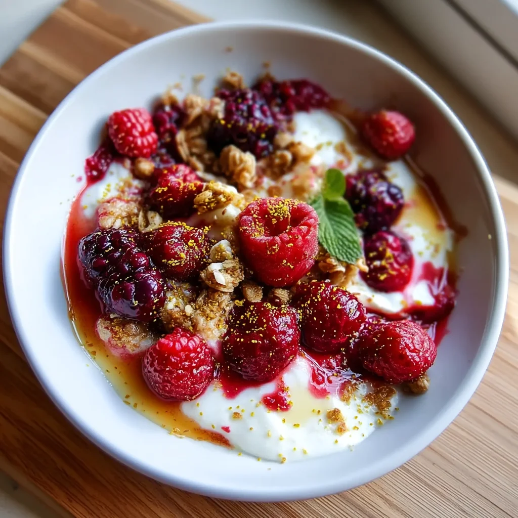 vibrant berry cottage cheese bowl with fresh blueberries, strawberries, and granola topping in white ceramic bowl
