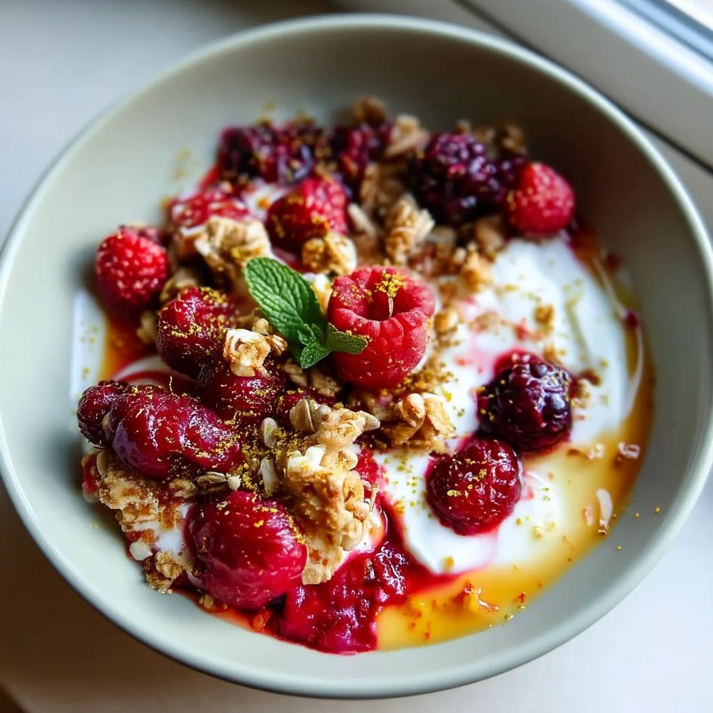 a creamy berry cottage cheese bowl topped with fresh blueberries, strawberries, and granola, served in a white ceramic bowl