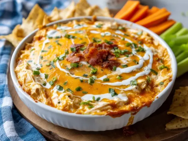 creamy buffalo ranch dip in white ceramic dish with golden edges and fresh green herbs sprinkled on top