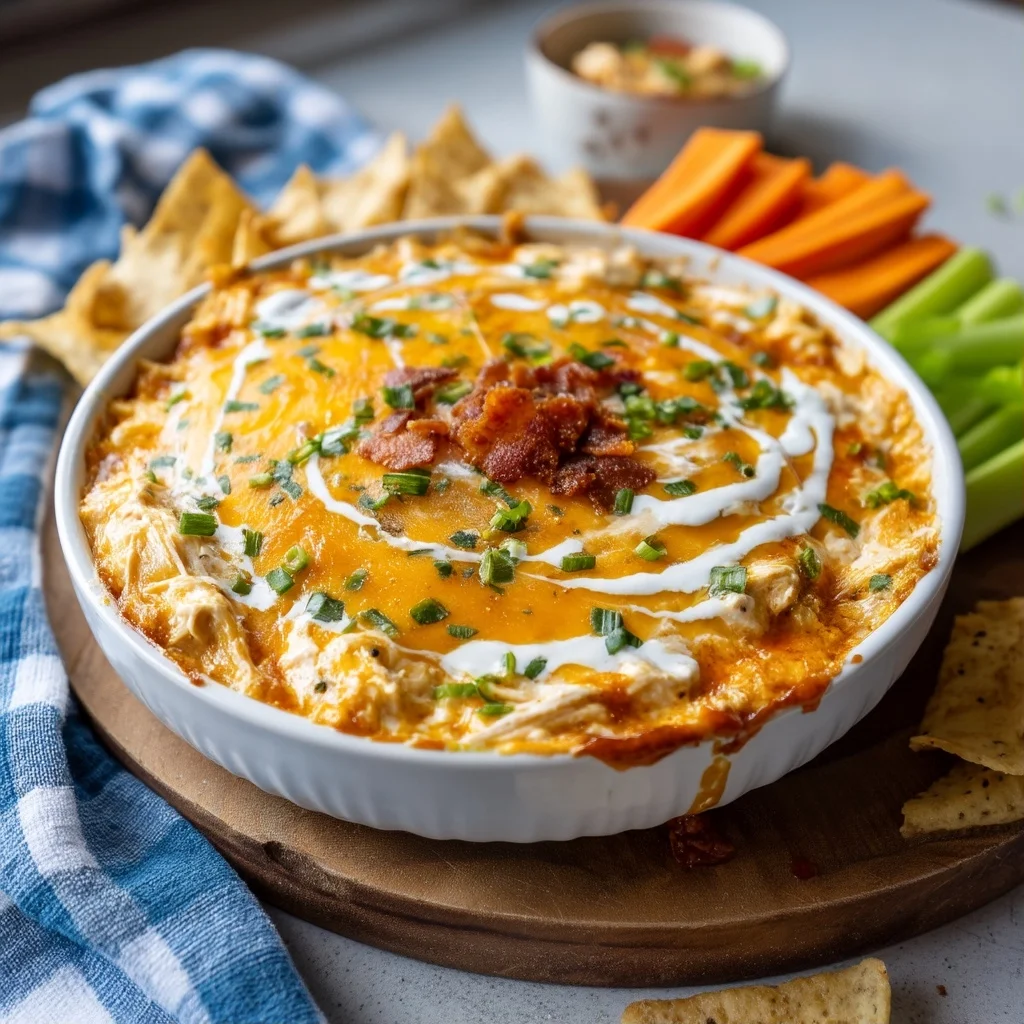 creamy buffalo ranch dip in white ceramic dish with golden edges and fresh green herbs sprinkled on top