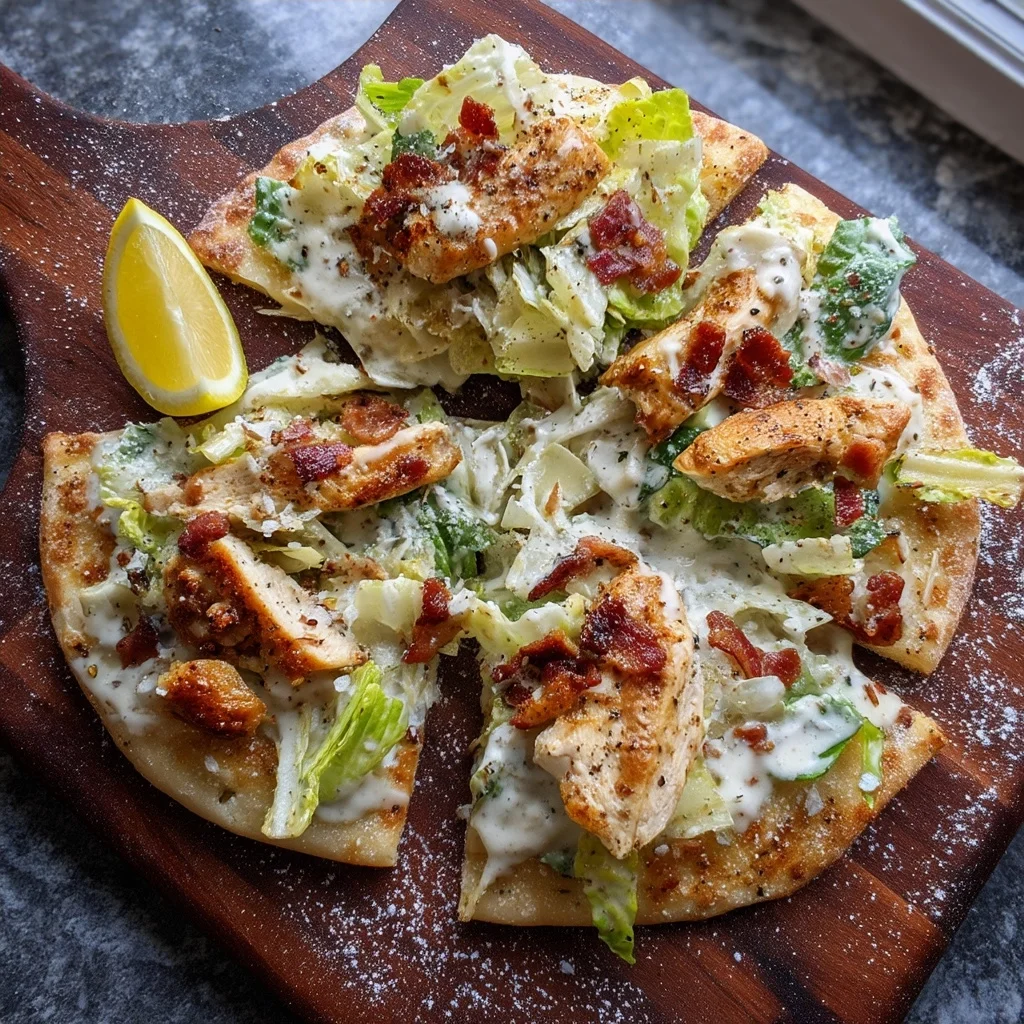 caesar chicken salad pizza with creamy dressing drizzled over golden crust, topped with crisp romaine and parmesan shavings