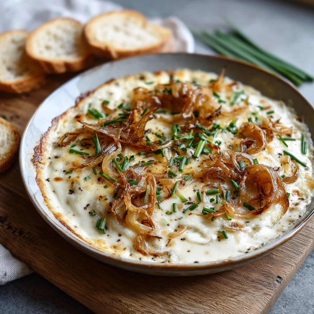 creamy caramelized onion dip in white ceramic dish with golden edges and fresh chive garnish