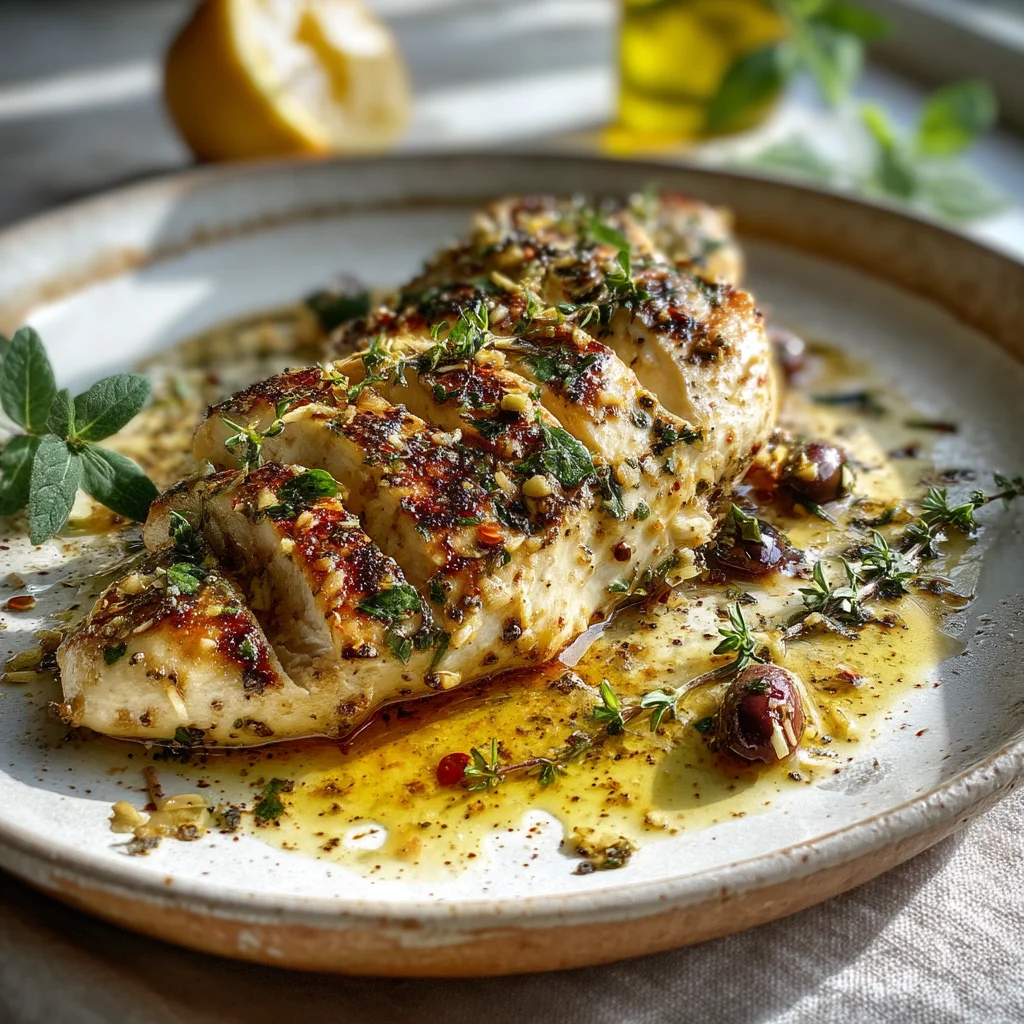golden Greek lemon garlic chicken with crispy edges in creamy sauce, surrounded by roasted potatoes and fresh herbs