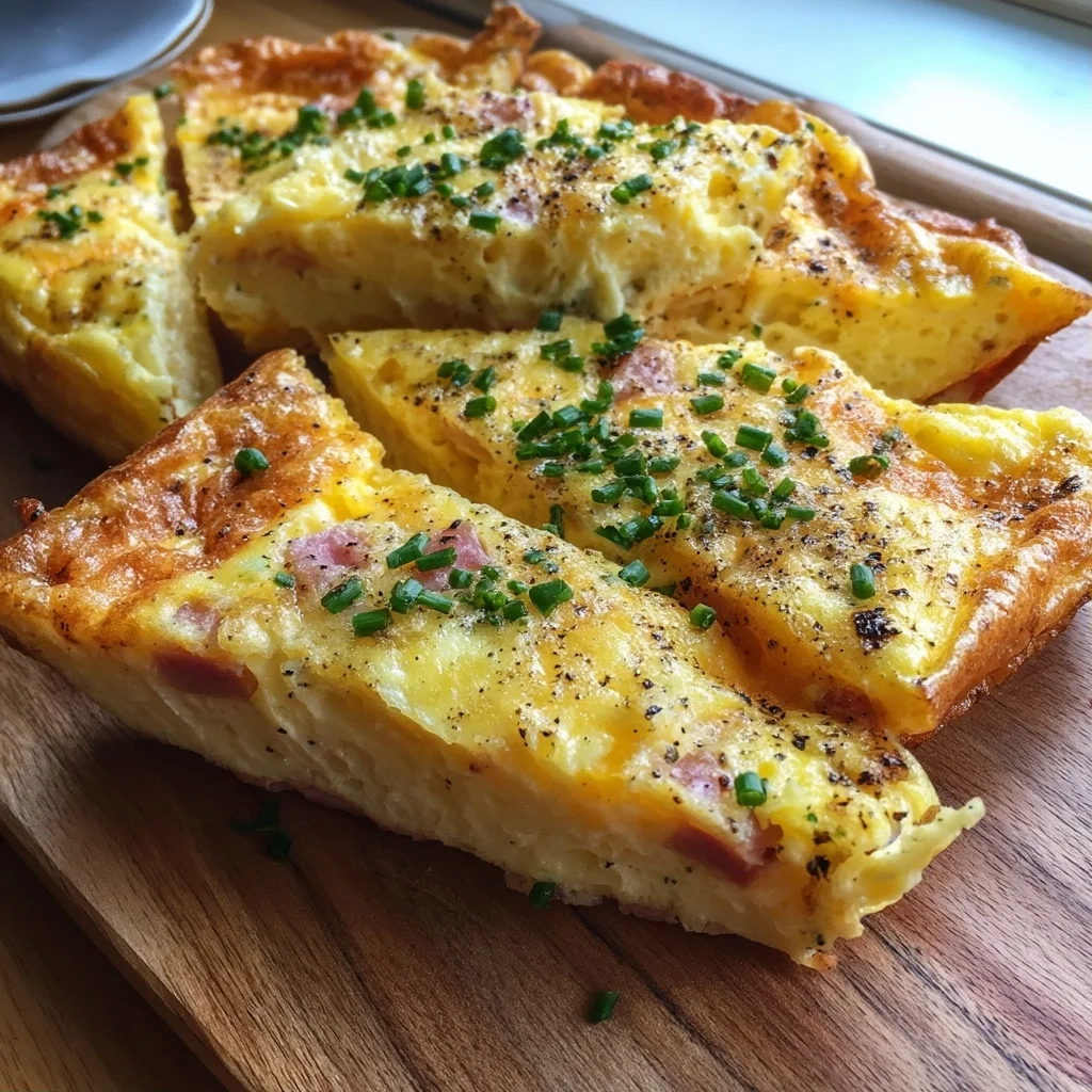 golden ham cheddar egg bake with melted cheese and crispy edges in white ceramic dish