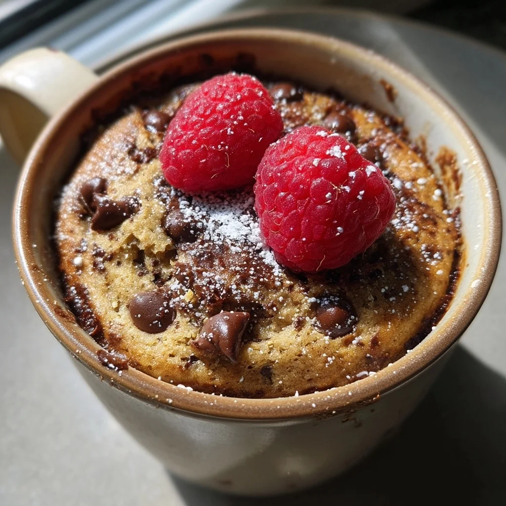 microwave protein mug cake with rich chocolate sauce, topped with fresh berries and powdered sugar