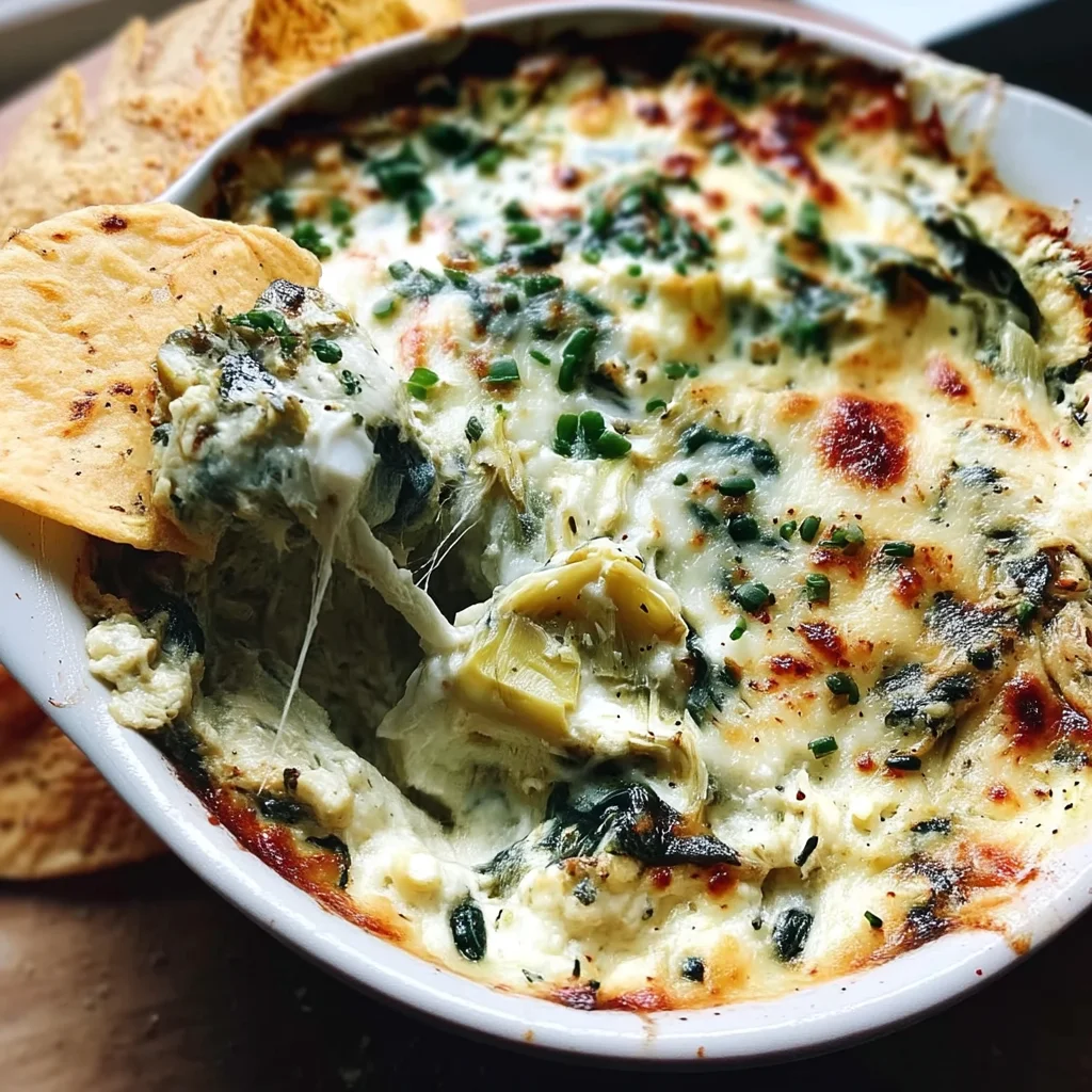 creamy spinach artichoke dip bubbling in a white ceramic dish with golden cheese topping and visible herb garnish