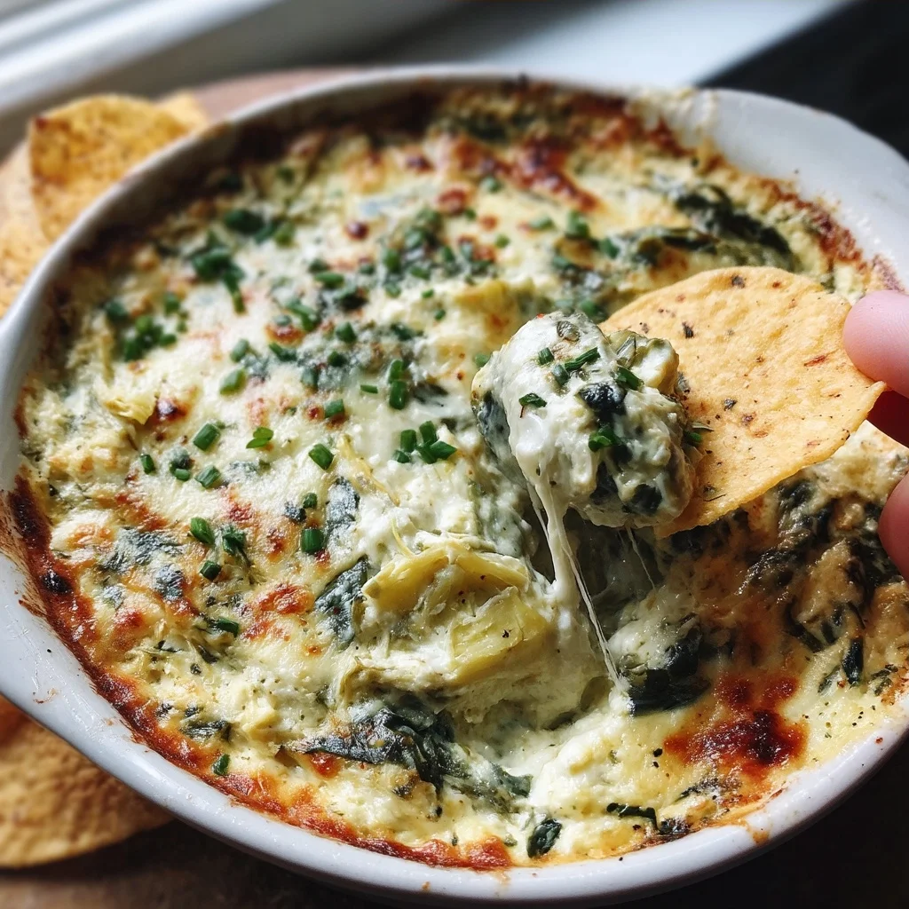 creamy spinach artichoke dip bubbling in white ceramic dish with golden cheese crust and visible artichoke pieces
