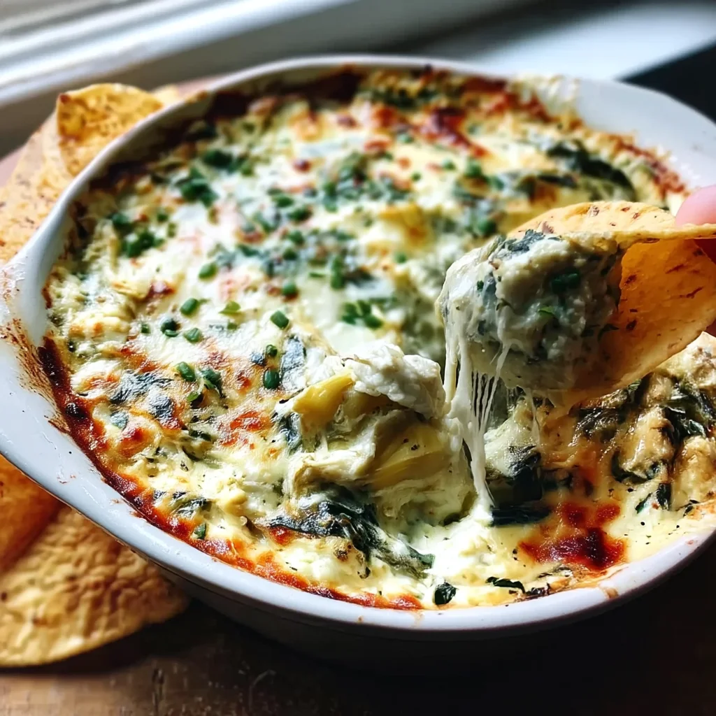 creamy spinach artichoke dip bubbling in a white ceramic dish with golden cheese topping and fresh parsley garnish
