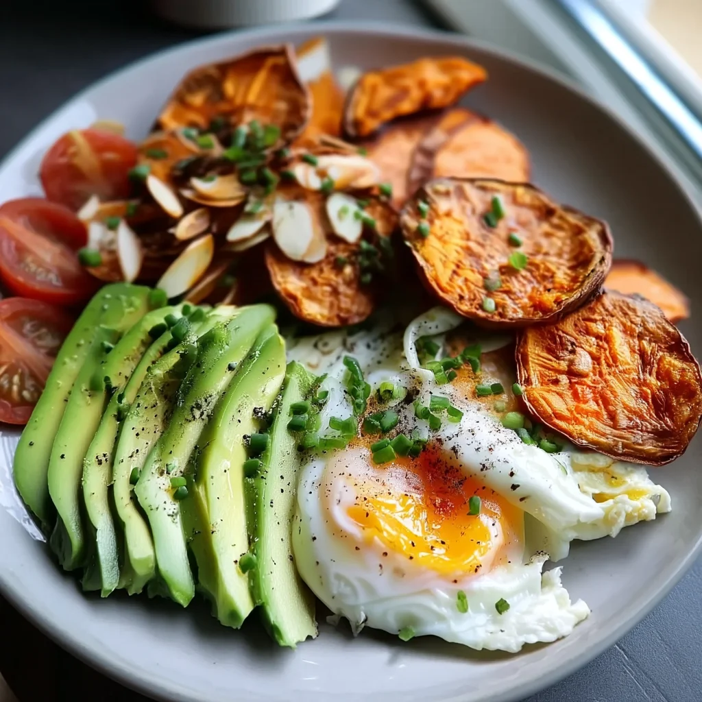 breakfast power box meal prep with roasted sweet potatoes, scrambled eggs, avocado slices and cherry tomatoes arranged in com