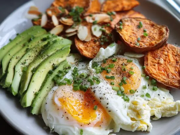 breakfast power box meal prep with roasted potatoes, scrambled eggs, and fresh herbs in a white ceramic dish