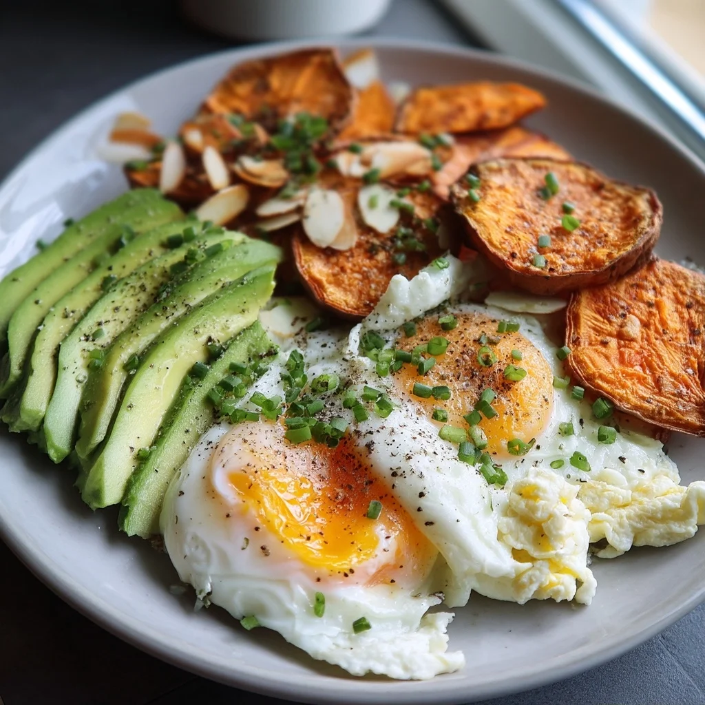 breakfast power box meal prep with roasted potatoes, scrambled eggs, and fresh herbs in a white ceramic dish