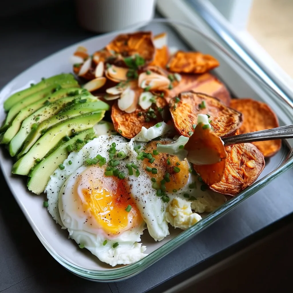 breakfast power box meal prep with roasted potatoes, scrambled eggs, and fresh herbs in white ceramic dish
