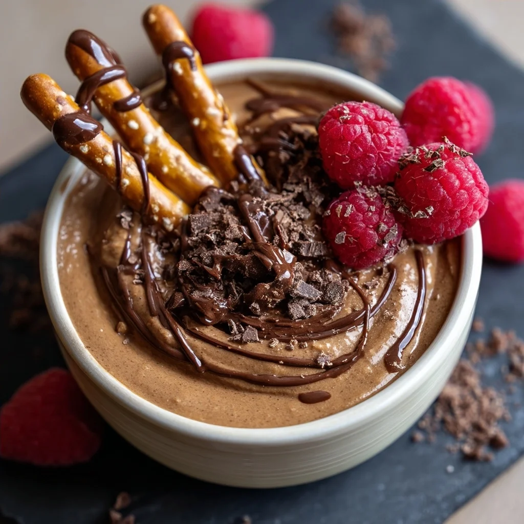 creamy chocolate brownie batter dip in white ceramic bowl with spoon ready to dip, topped with chocolate chips