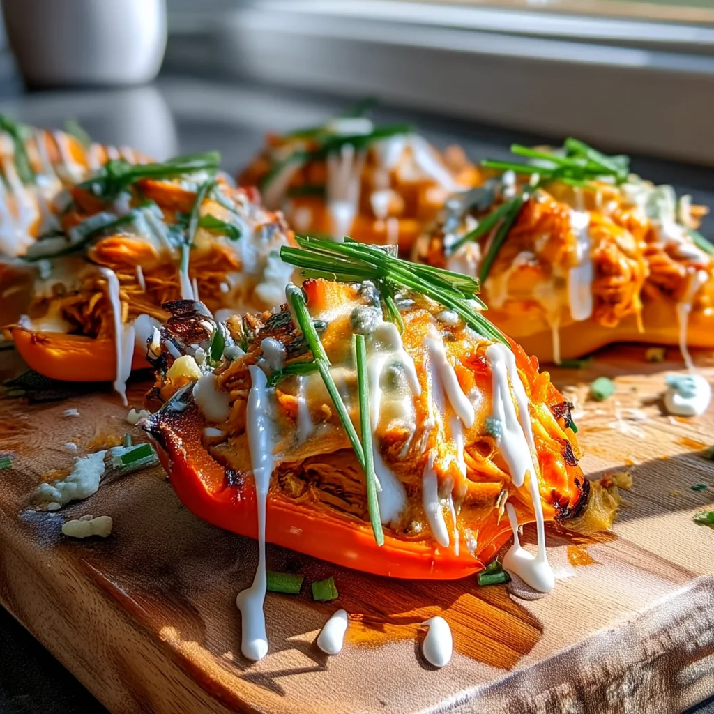 buffalo chicken stuffed peppers with creamy sauce and melted cheese bubbling in a white ceramic dish