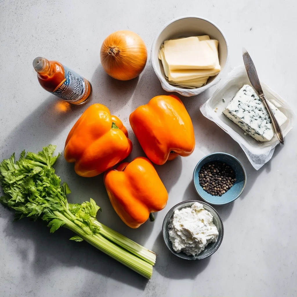 buffalo chicken stuffed peppers with creamy sauce and melted cheese in white ceramic dish