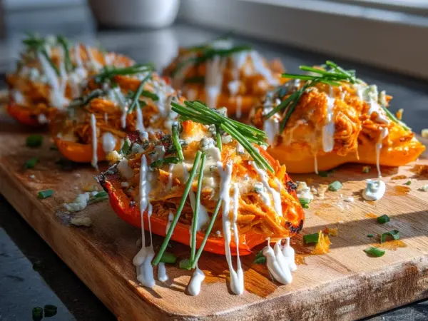 buffalo chicken stuffed peppers overflowing with melted cheese and drizzled with creamy sauce in white ceramic dish