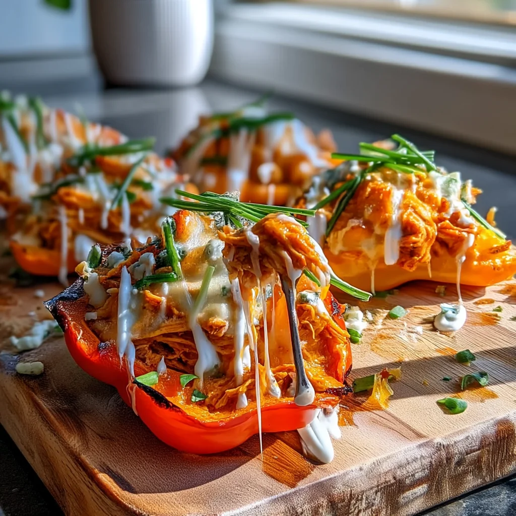 buffalo chicken stuffed peppers with creamy sauce and melted cheese in a white ceramic dish