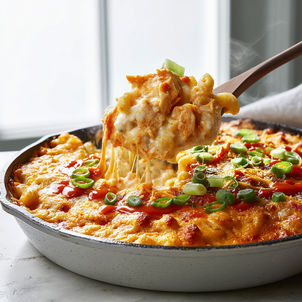 A single bowl of buffalo chicken mac and cheese garnished with buffalo sauce, green onions, and cheddar