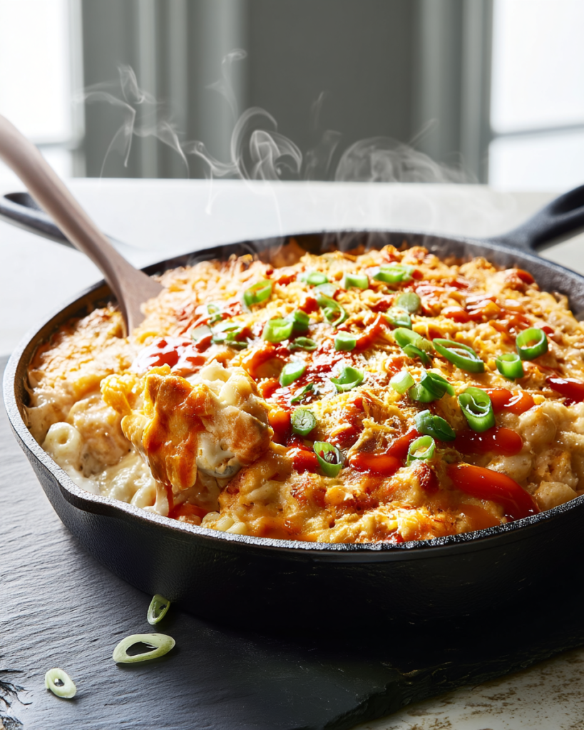 Close-up of the creamy, cheesy texture of buffalo chicken mac and cheese with a melty cheese pull