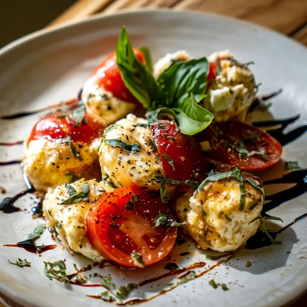 golden caprese cottage cheese bites with fresh basil and juicy cherry tomatoes on a white plate