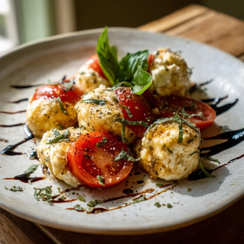 golden caprese cottage cheese bites with fresh basil and dripping balsamic glaze on a white plate