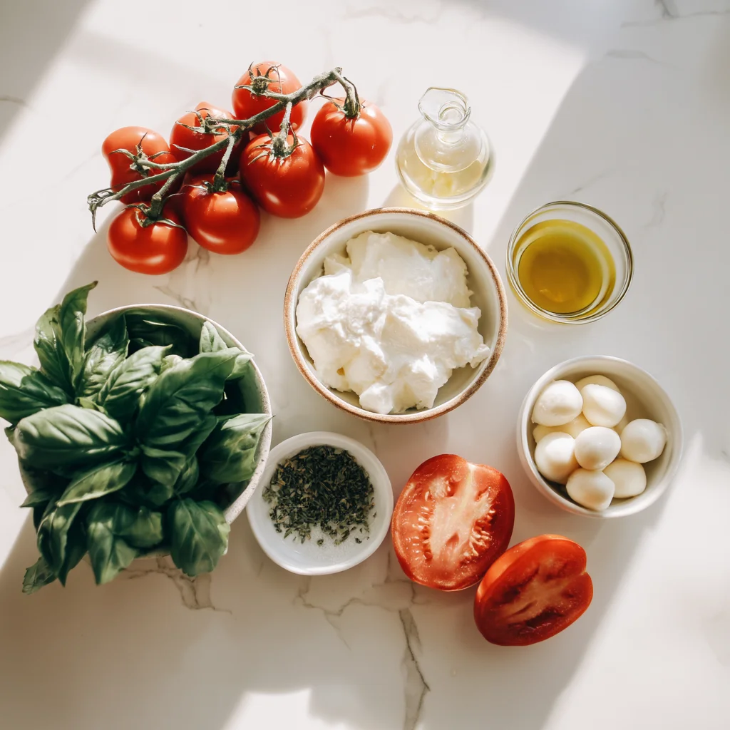 creamy caprese cottage cheese bites with fresh basil and juicy cherry tomatoes on a white plate