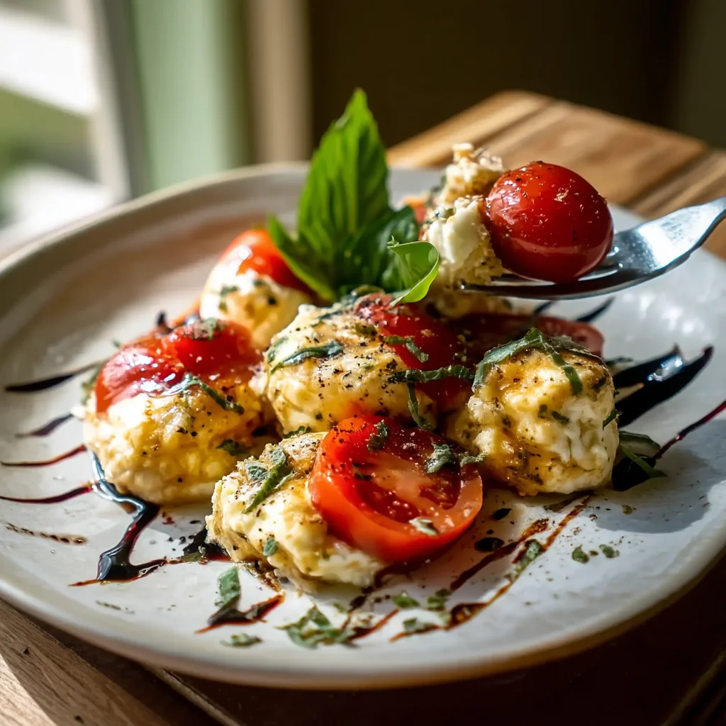 fresh caprese cottage cheese bites with juicy tomatoes, creamy cheese, and basil on a white plate