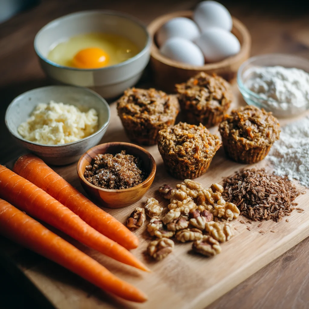 freshly grated carrots and walnuts for moist carrot cake protein muffins with cream cheese frosting