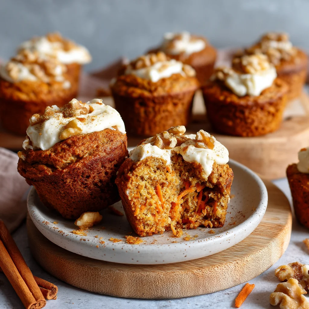 golden carrot cake protein muffins with cream cheese drizzle and walnut crumbles on rustic wood table