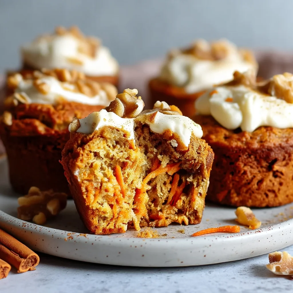moist carrot cake protein muffins with cream cheese swirl and walnut topping on rustic wooden board