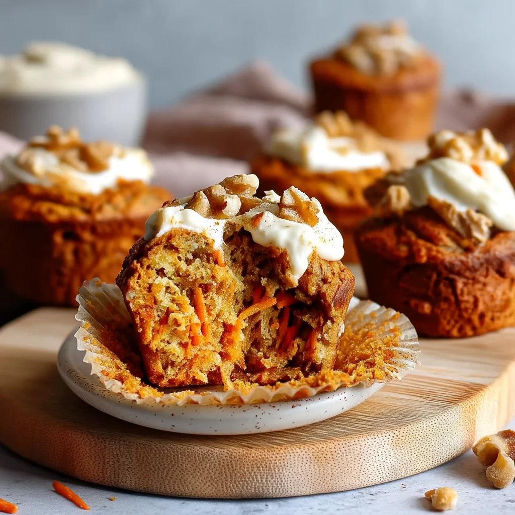 moist carrot cake protein muffins with cream cheese drizzle and walnut crumbles on rustic wooden board