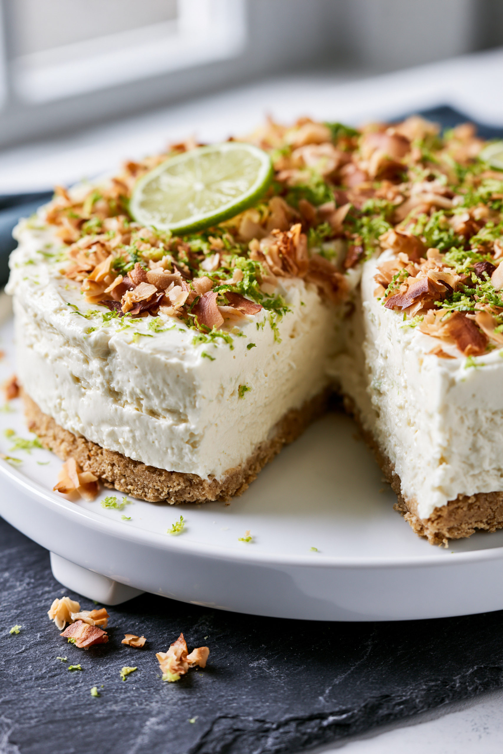 Close-up of the creamy texture and graham crust of coconut lime cheesecake with toasted coconut