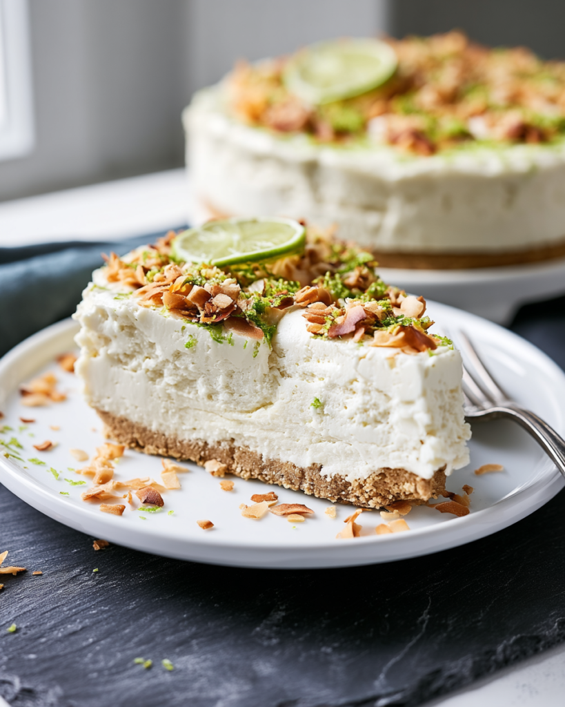 A single slice of coconut lime cheesecake garnished with toasted coconut and lime zest