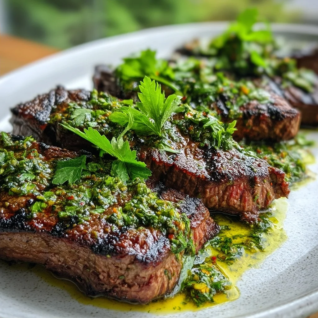 chimichurri grilled steak with golden edges, glossy sauce, and fresh parsley garnish on a white ceramic plate