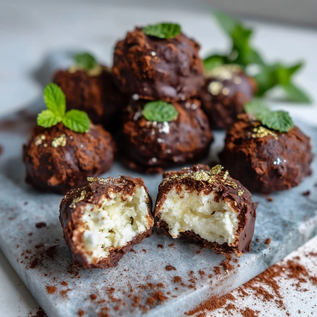 chocolate cottage cheese bites with glossy chocolate coating and creamy filling on a white ceramic plate