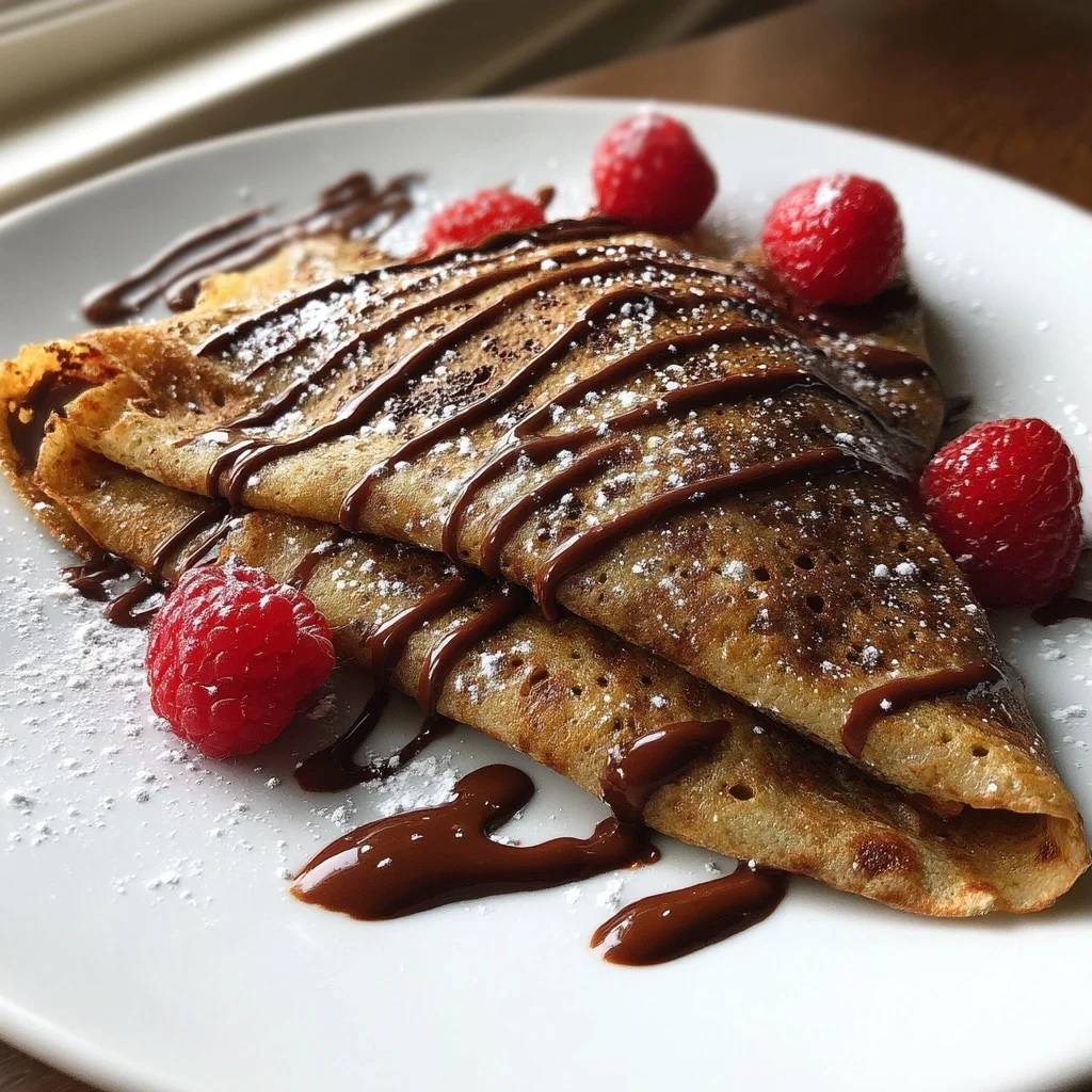 stack of chocolate protein crepes drizzled with chocolate sauce and fresh berries on a white plate