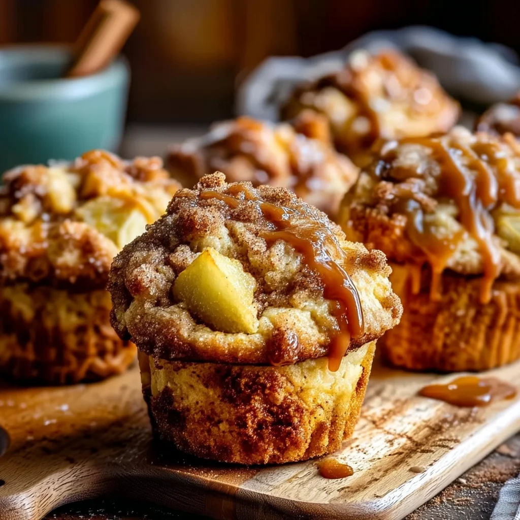 closeup of golden brown apple cinnamon muffins with cinnamon sugar topping and visible apple chunks