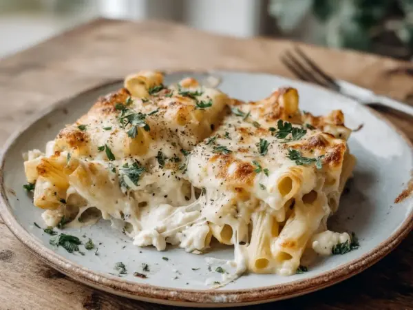 creamy cottage cheese baked ziti with golden crust and fresh basil in white ceramic dish